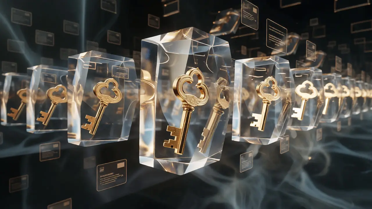 Crystal vault containing rotating golden keys for data security.